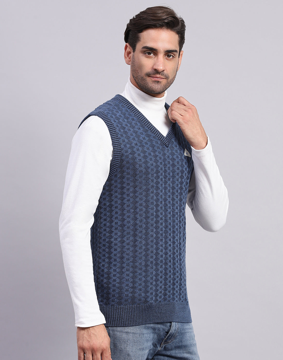 Men Blue Self Design V Neck Sleeveless Sweater