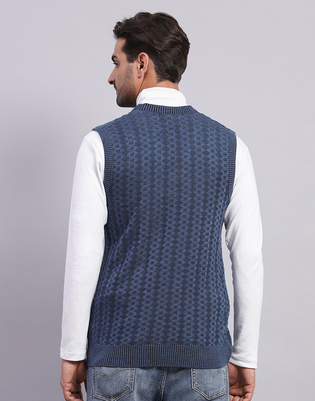 Men Blue Self Design V Neck Sleeveless Sweater