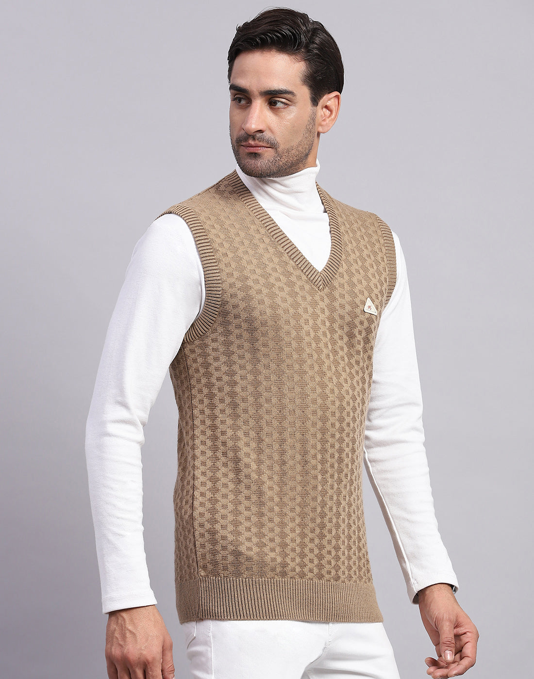 Men Khaki Self Design V Neck Sleeveless Sweater