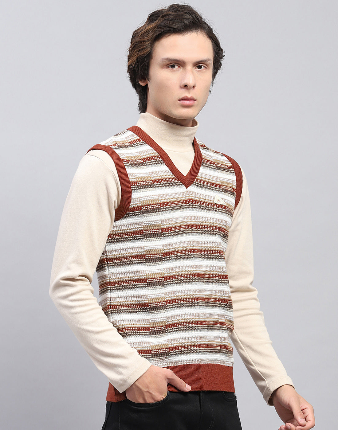 Men Brown Self Design V Neck Sleeveless Sweater