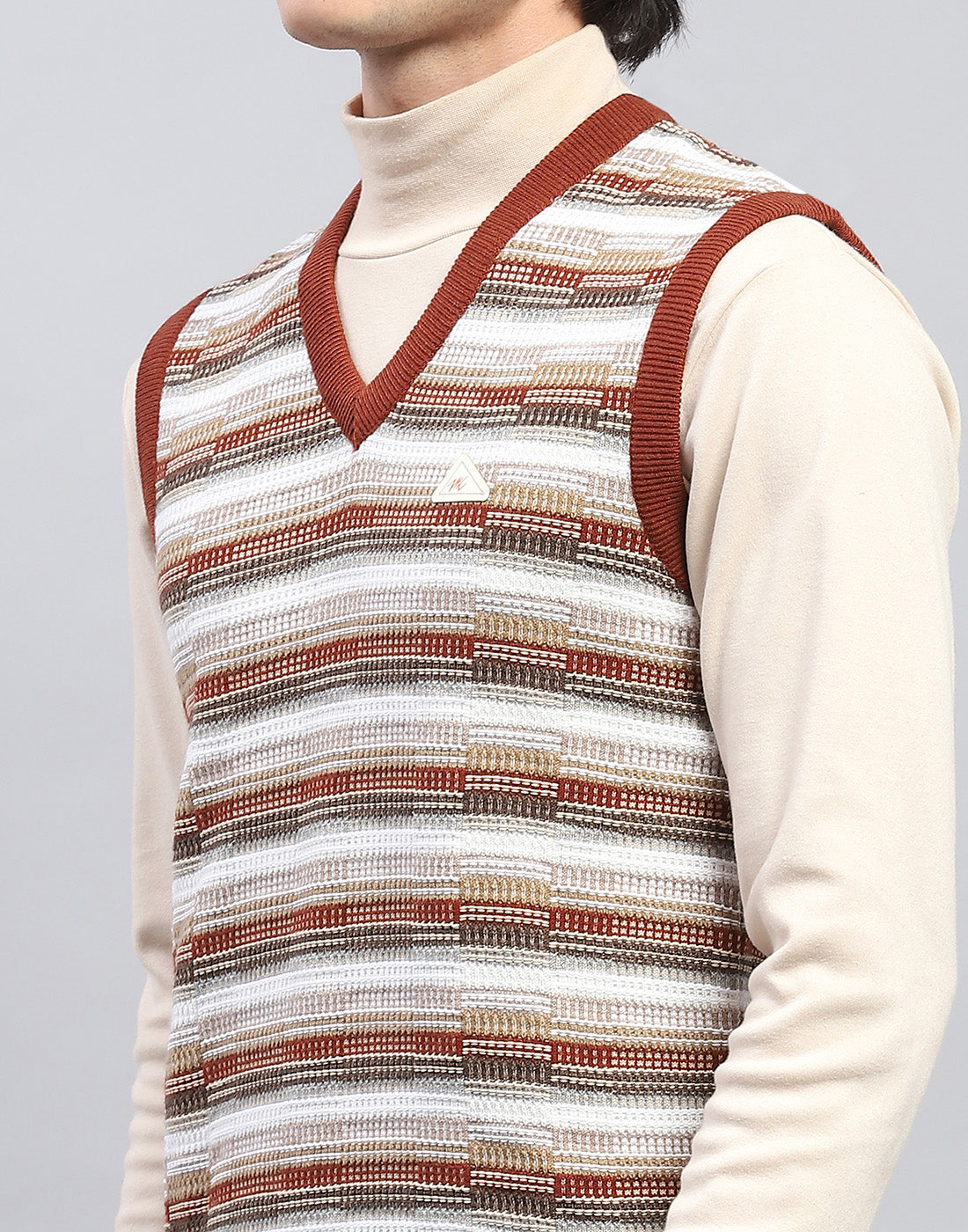 Men Brown Self Design V Neck Sleeveless Sweater