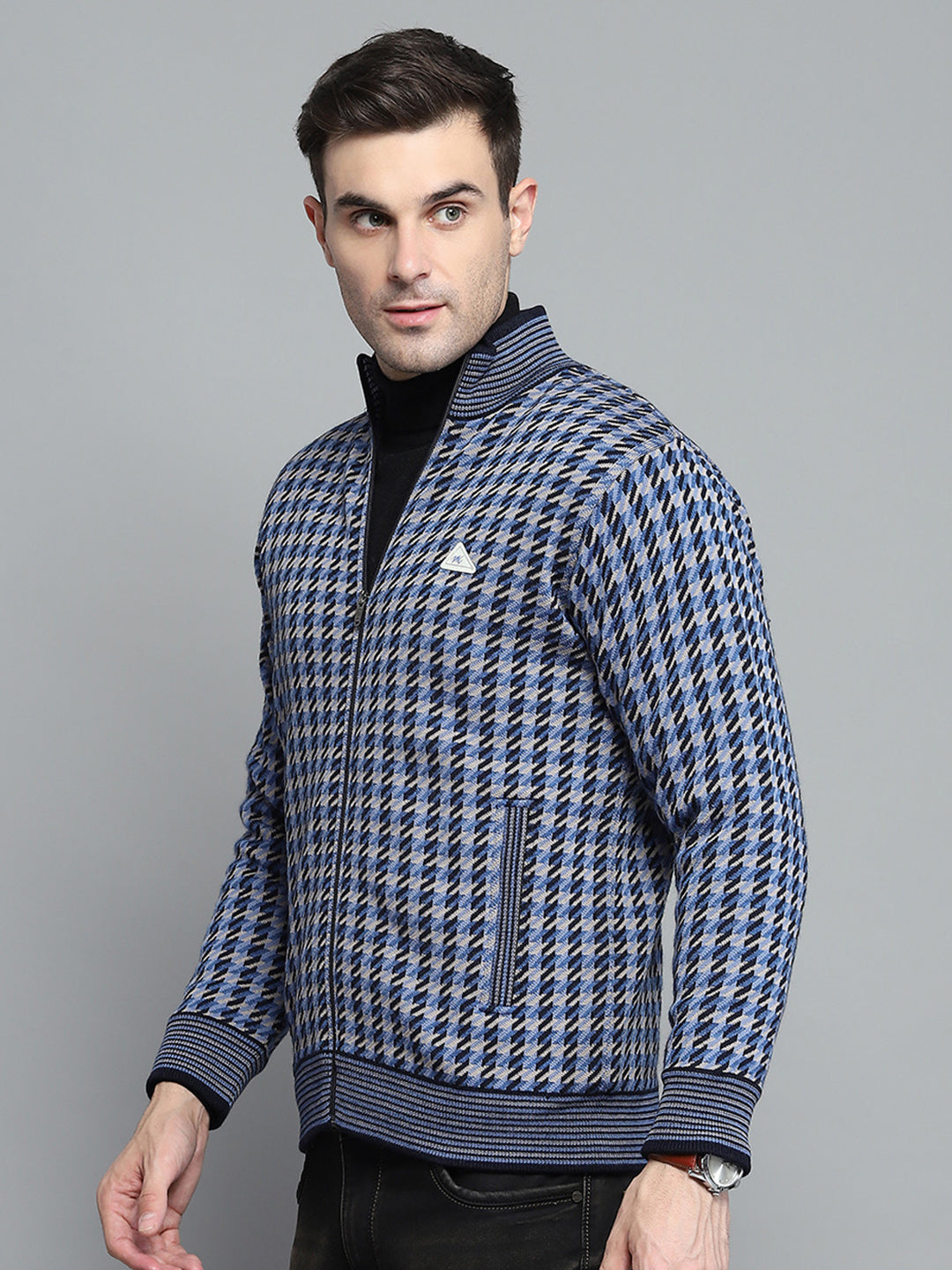 Men Navy Blue Self Design Mock Neck Full Sleeve Jacket