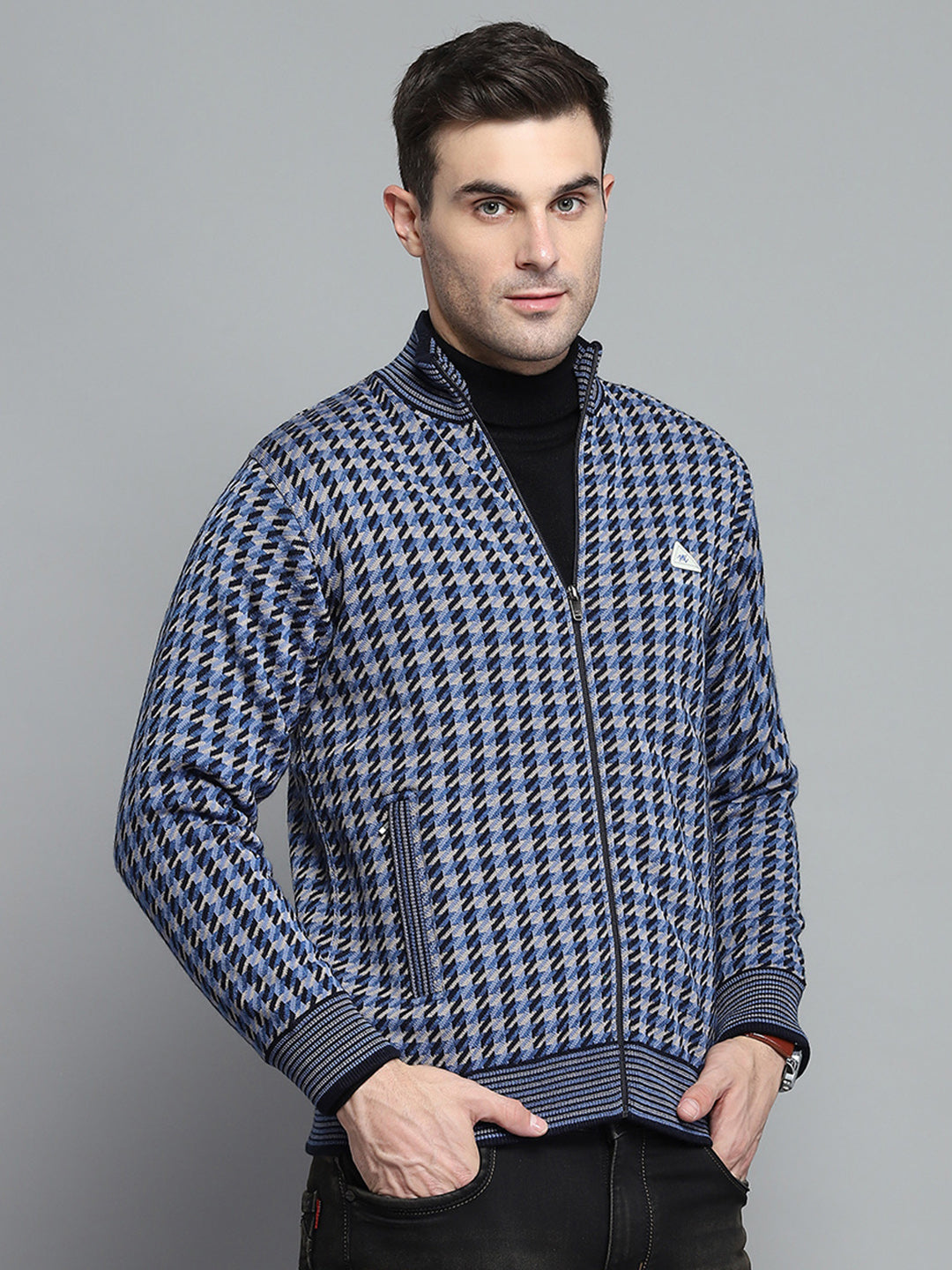 Men Navy Blue Self Design Mock Neck Full Sleeve Jacket