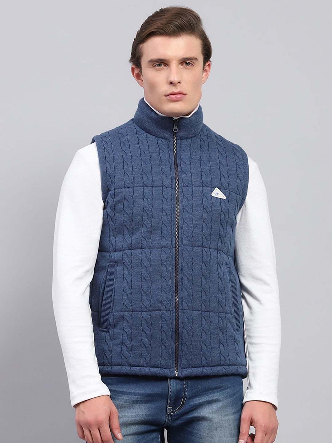 Men Blue Self Design Mock Neck Sleeveless Jacket