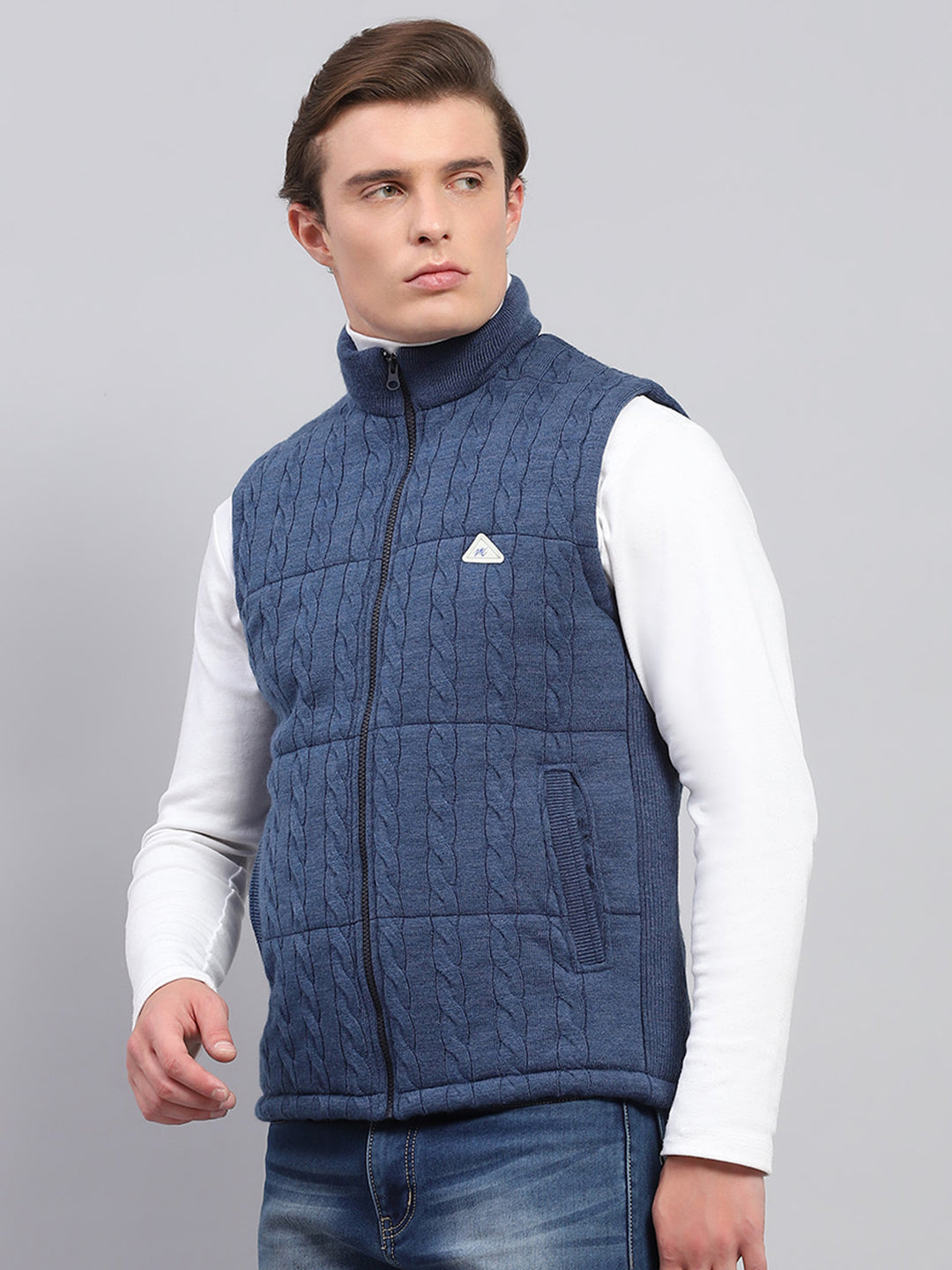 Men Blue Self Design Mock Neck Sleeveless Jacket