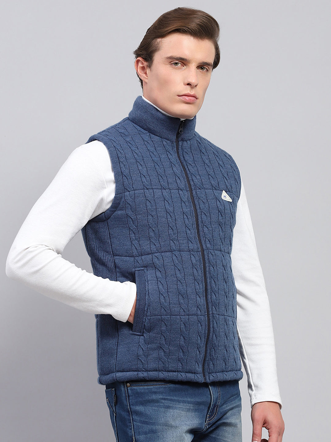 Men Blue Self Design Mock Neck Sleeveless Jacket