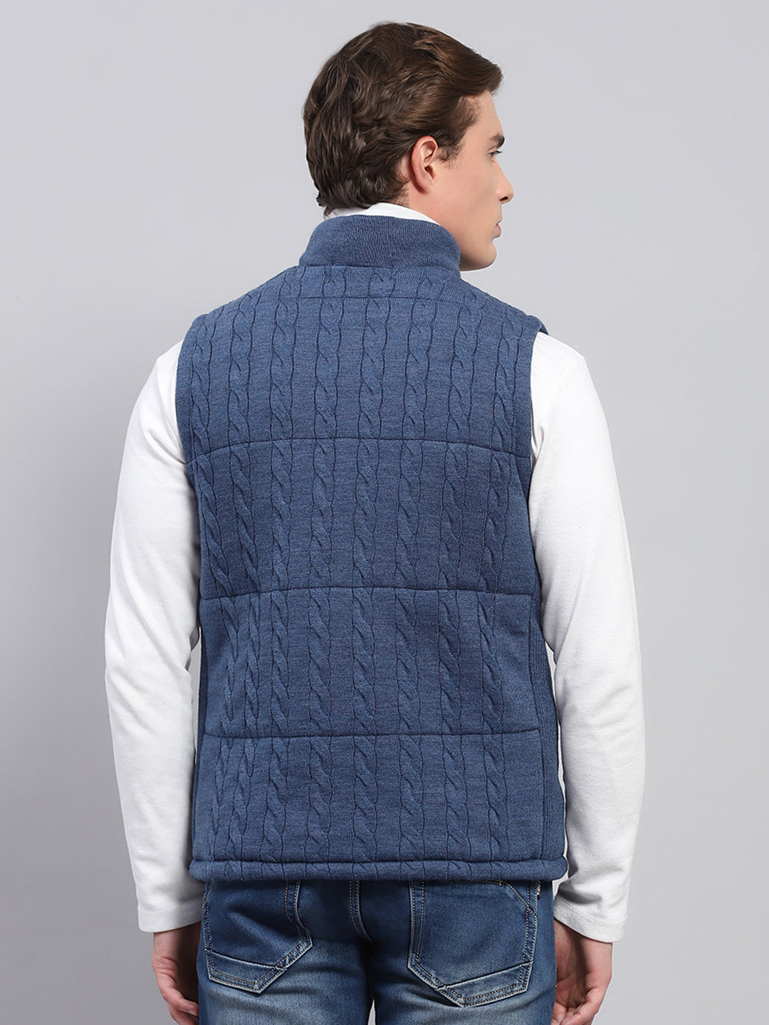 Men Blue Self Design Mock Neck Sleeveless Jacket