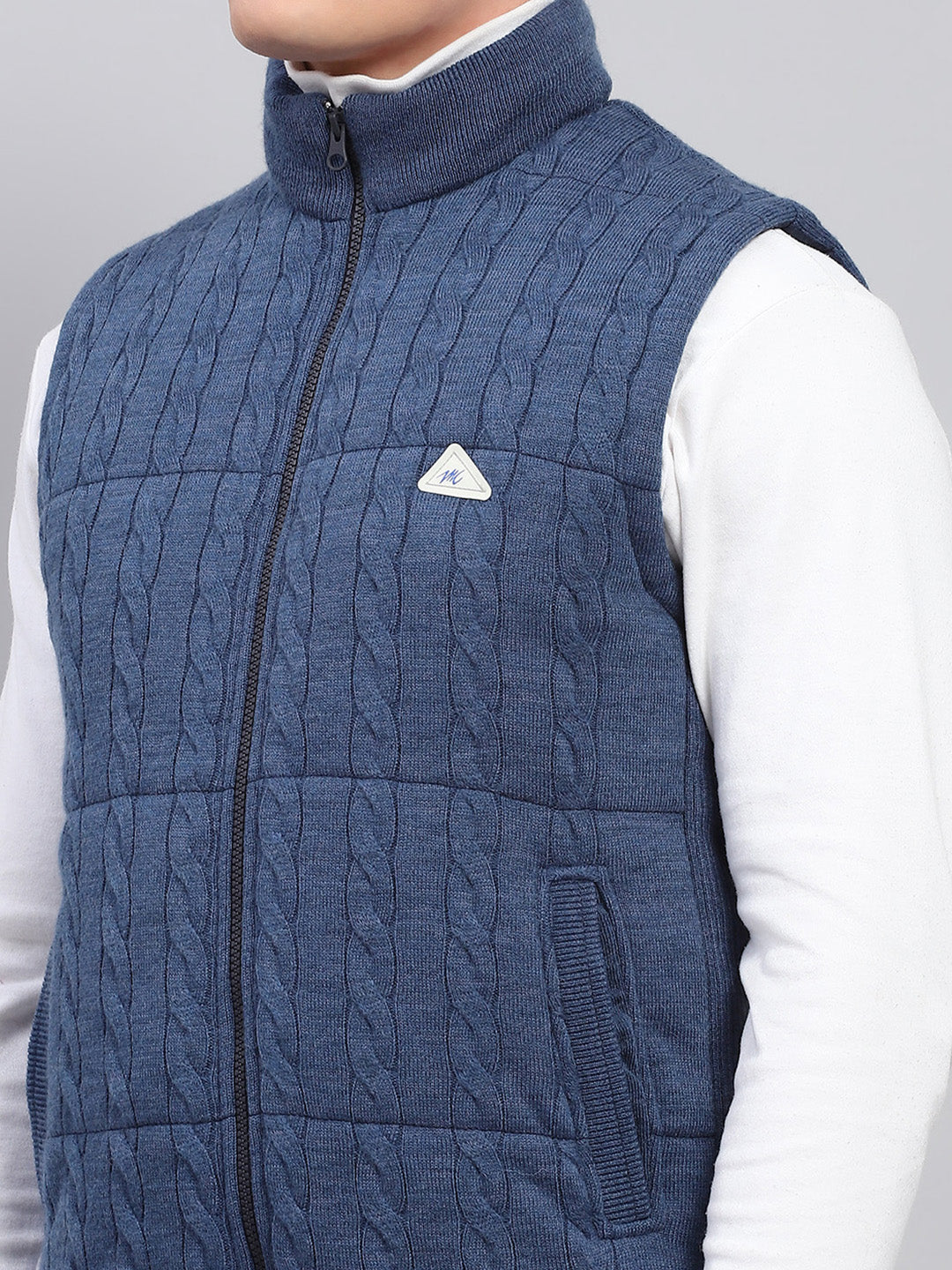 Men Blue Self Design Mock Neck Sleeveless Jacket