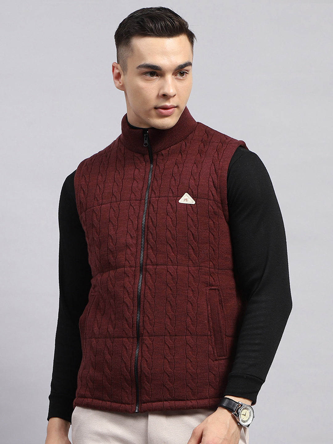 Men Maroon Self Design Mock Neck Sleeveless Jacket