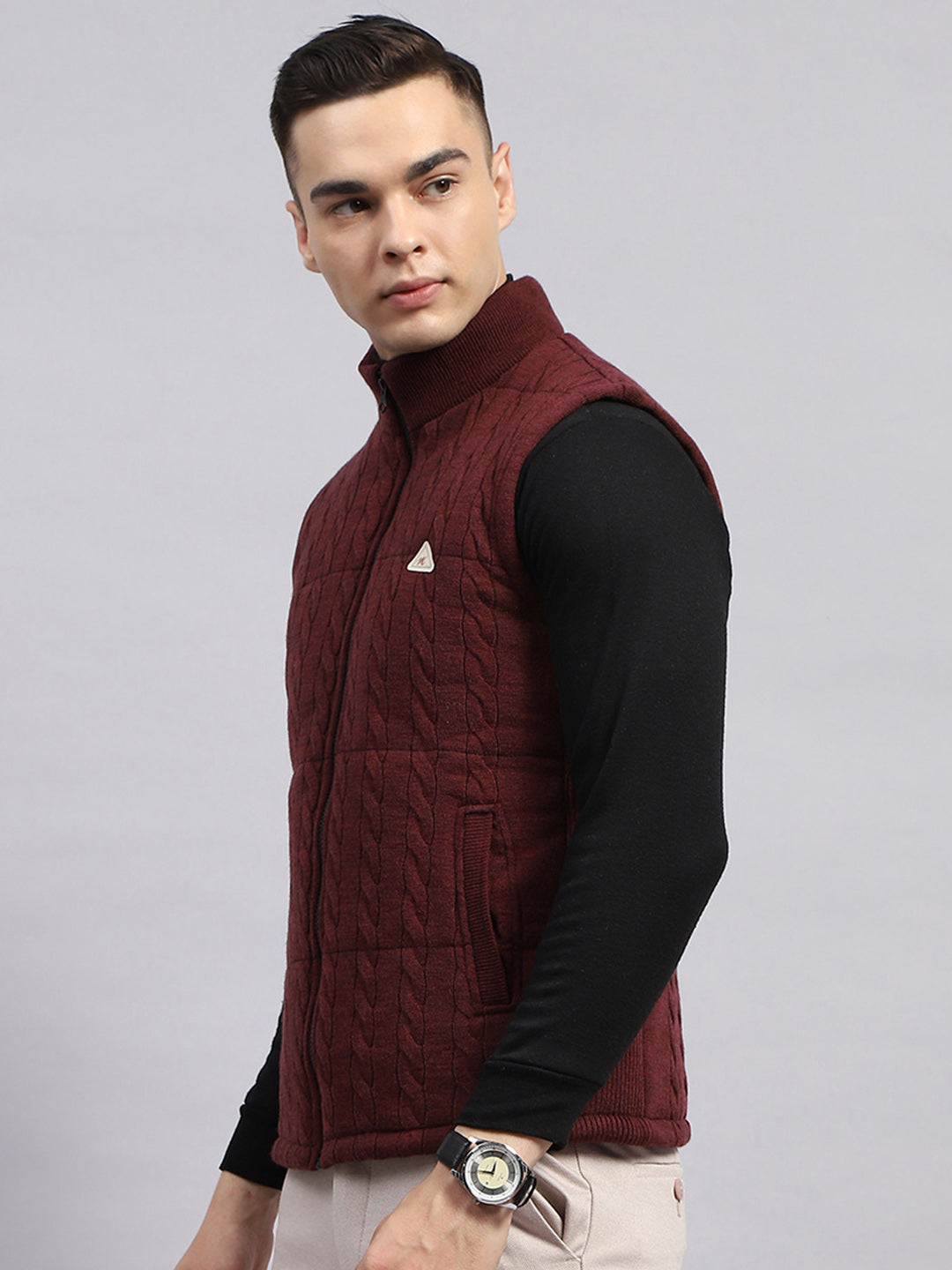 Men Maroon Self Design Mock Neck Sleeveless Jacket