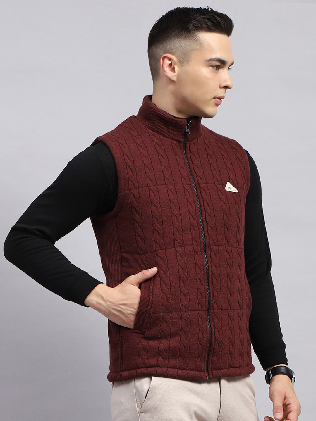 Men Maroon Self Design Mock Neck Sleeveless Jacket