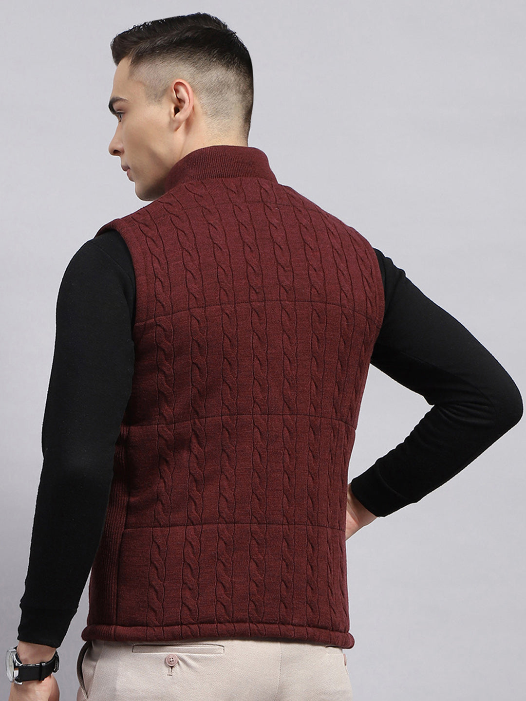 Men Maroon Self Design Mock Neck Sleeveless Jacket