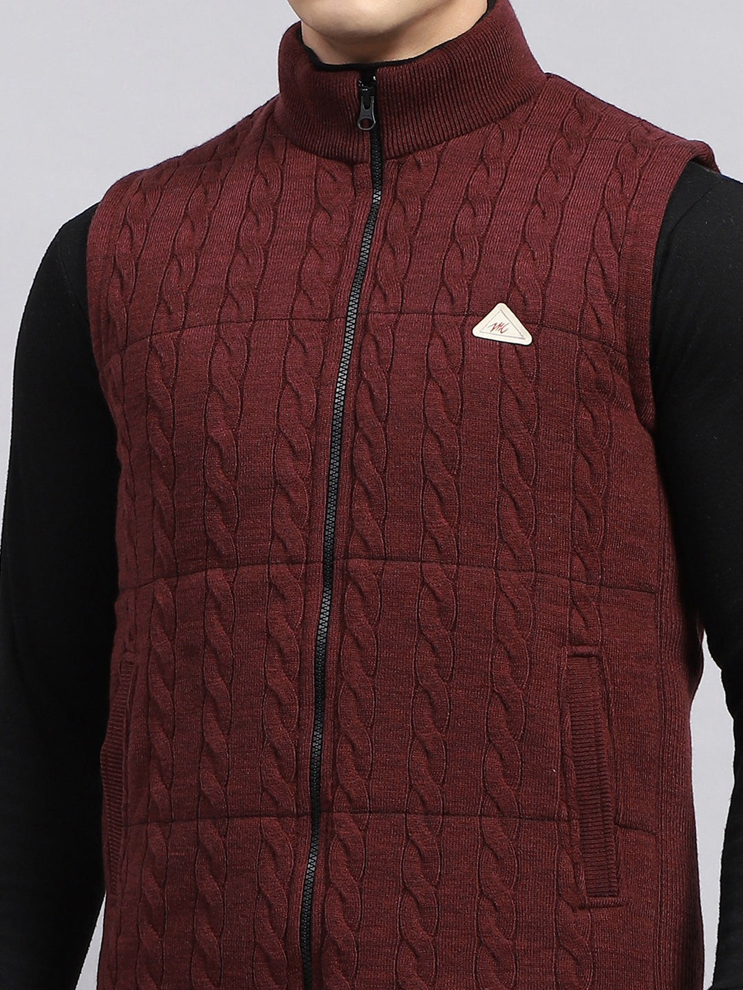 Men Maroon Self Design Mock Neck Sleeveless Jacket