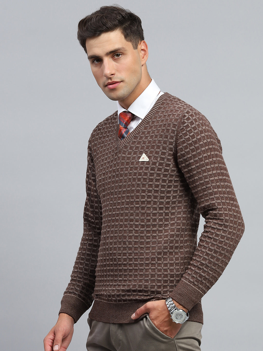 Men Brown Check V Neck Full Sleeve Pullover