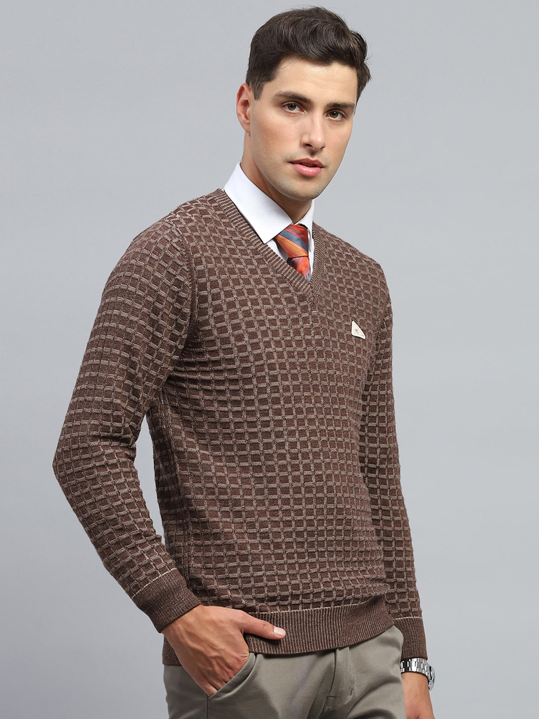 Men Brown Check V Neck Full Sleeve Pullover