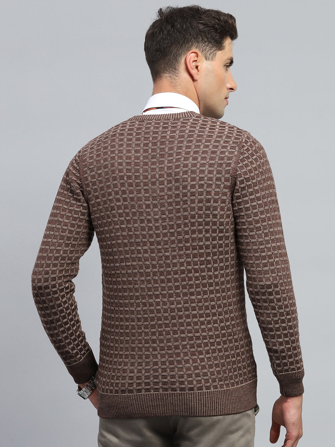 Men Brown Check V Neck Full Sleeve Pullover