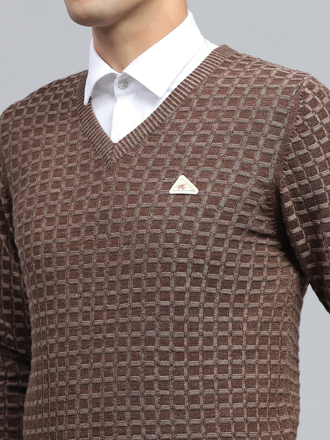 Men Brown Check V Neck Full Sleeve Pullover