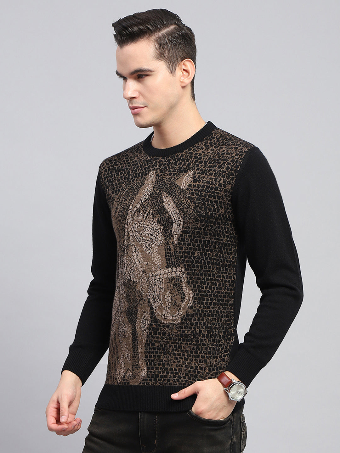 Men Black Self Design Round Neck Full Sleeve Pullover