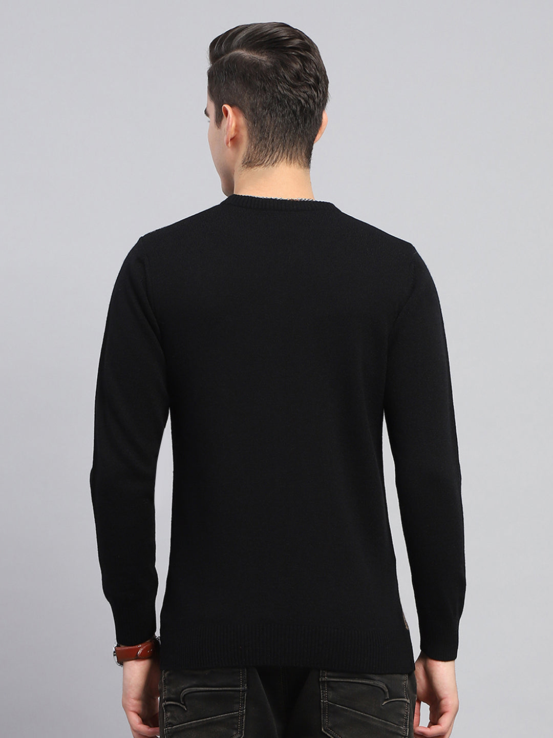 Men Black Self Design Round Neck Full Sleeve Pullover