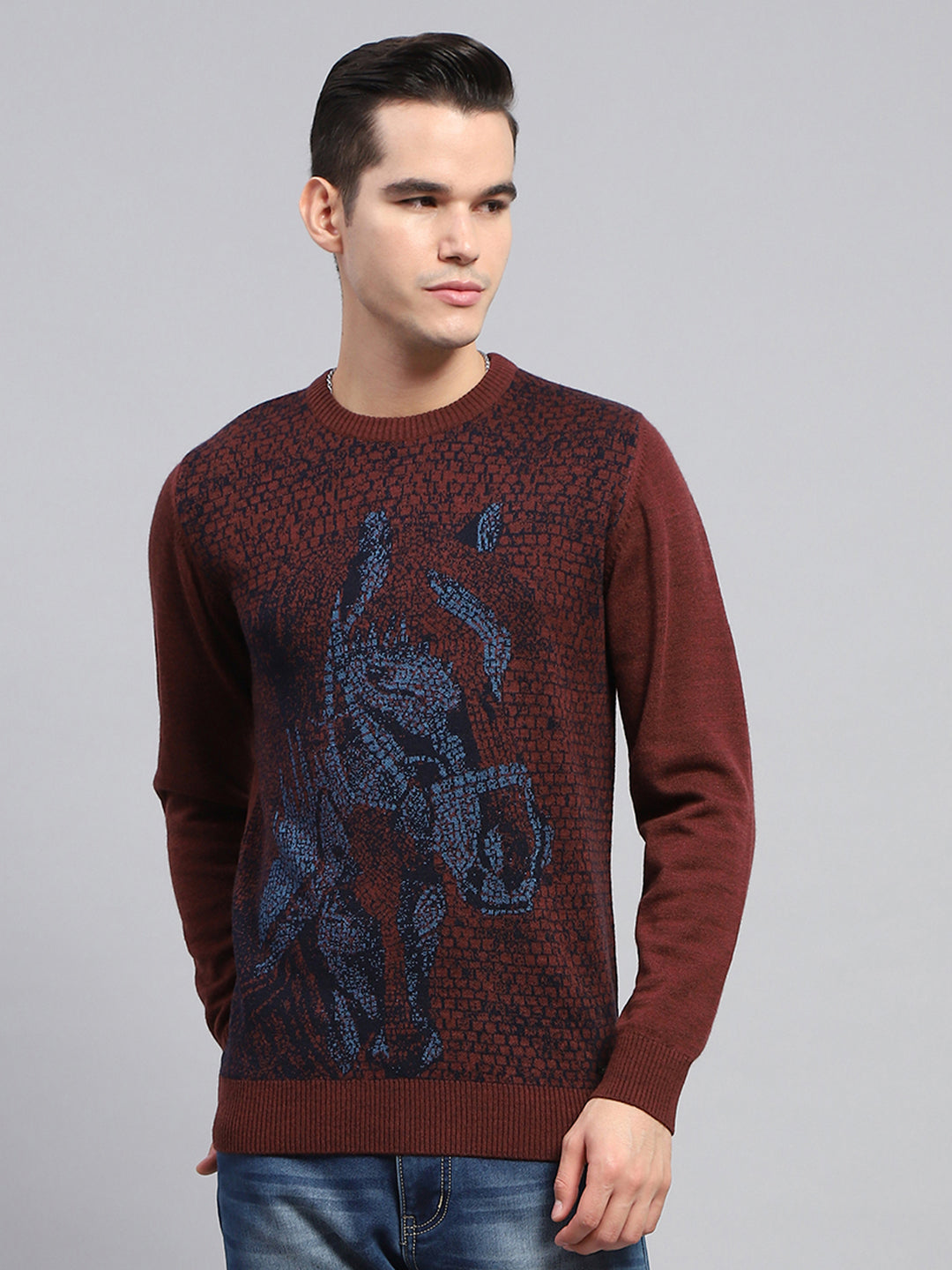 Men Maroon Self Design Round Neck Full Sleeve Pullover