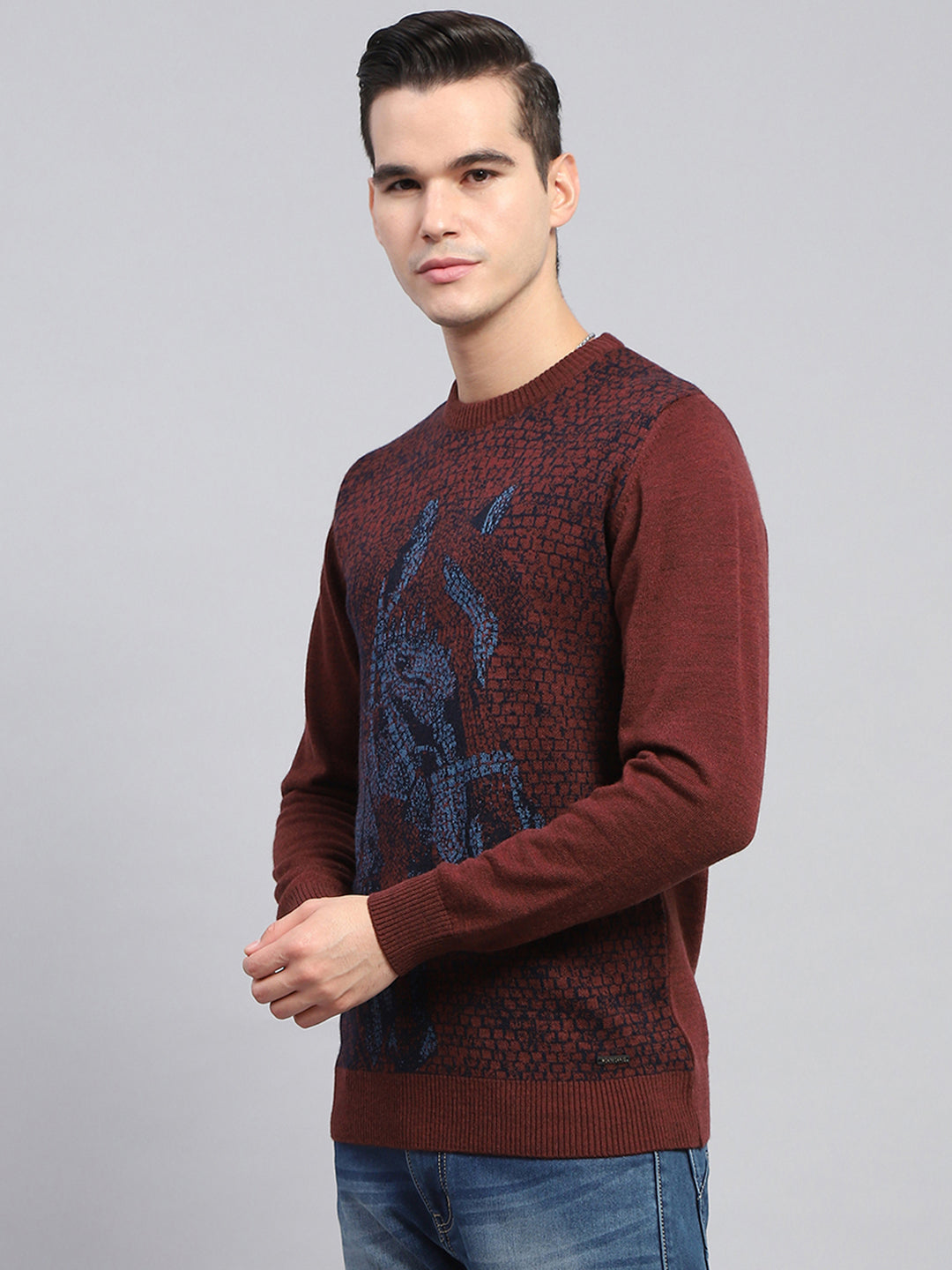 Men Maroon Self Design Round Neck Full Sleeve Pullover