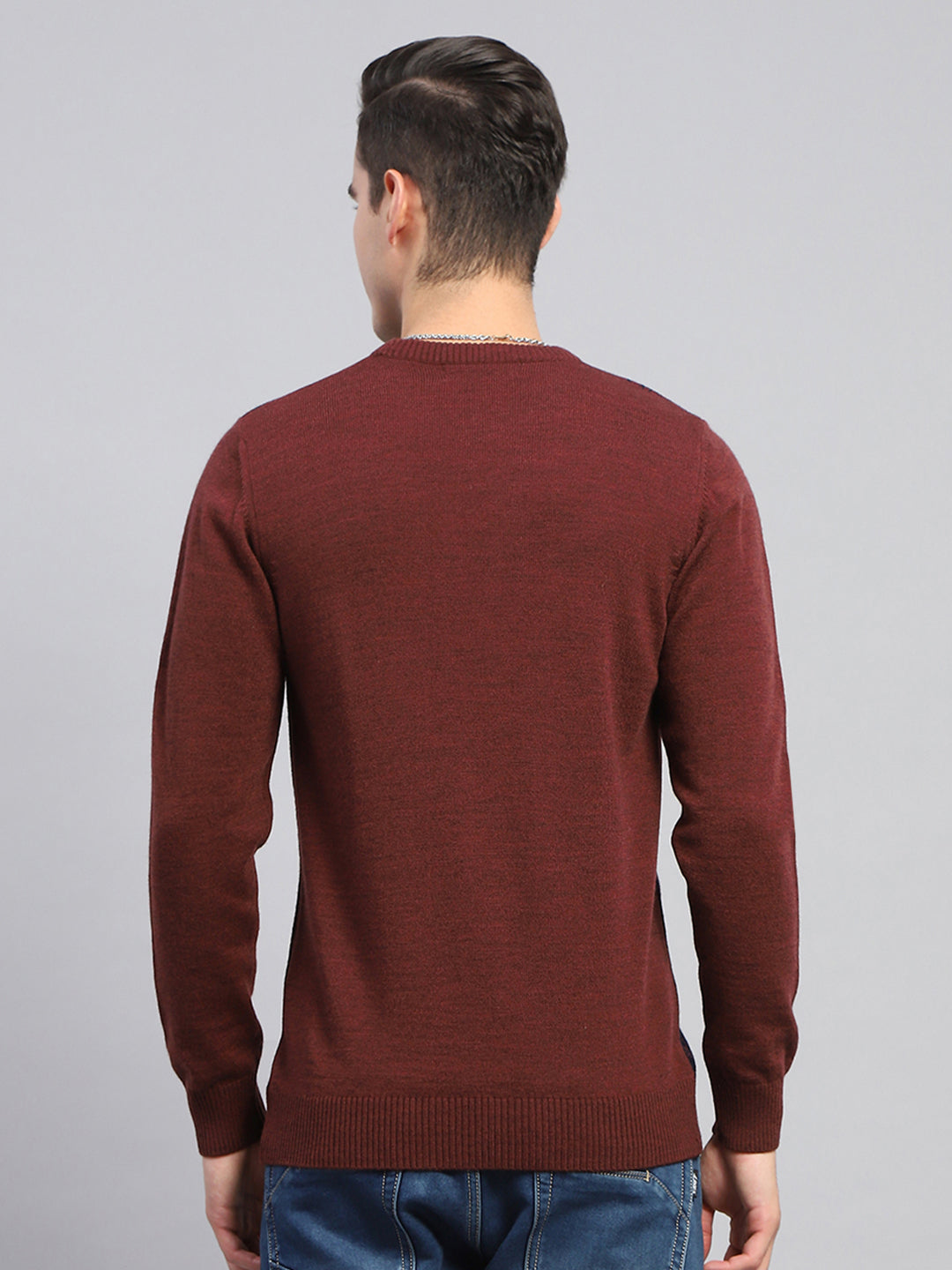 Men Maroon Self Design Round Neck Full Sleeve Pullover