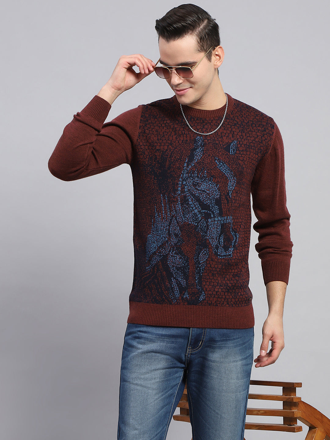 Men Maroon Self Design Round Neck Full Sleeve Pullover