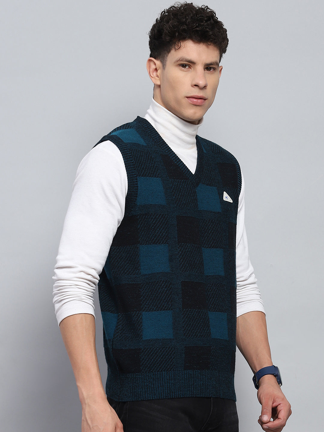 Men Navy Blue Self Design V Neck Sleeveless Sweater