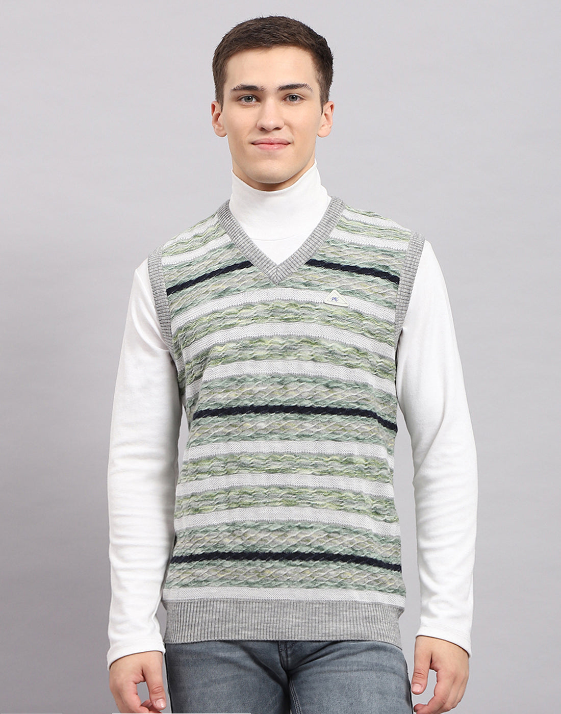 Men Multicolor Stripe V Neck Sleeveless Sweater