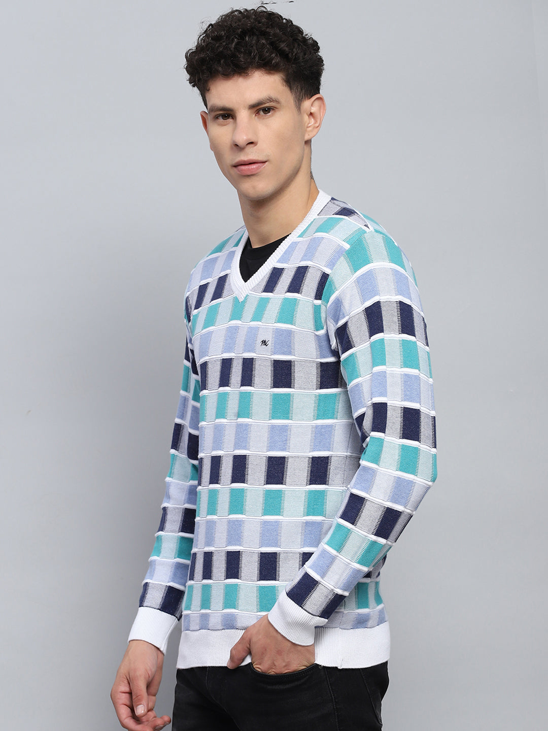 Men Multicolor Check V Neck Full Sleeve Pullover