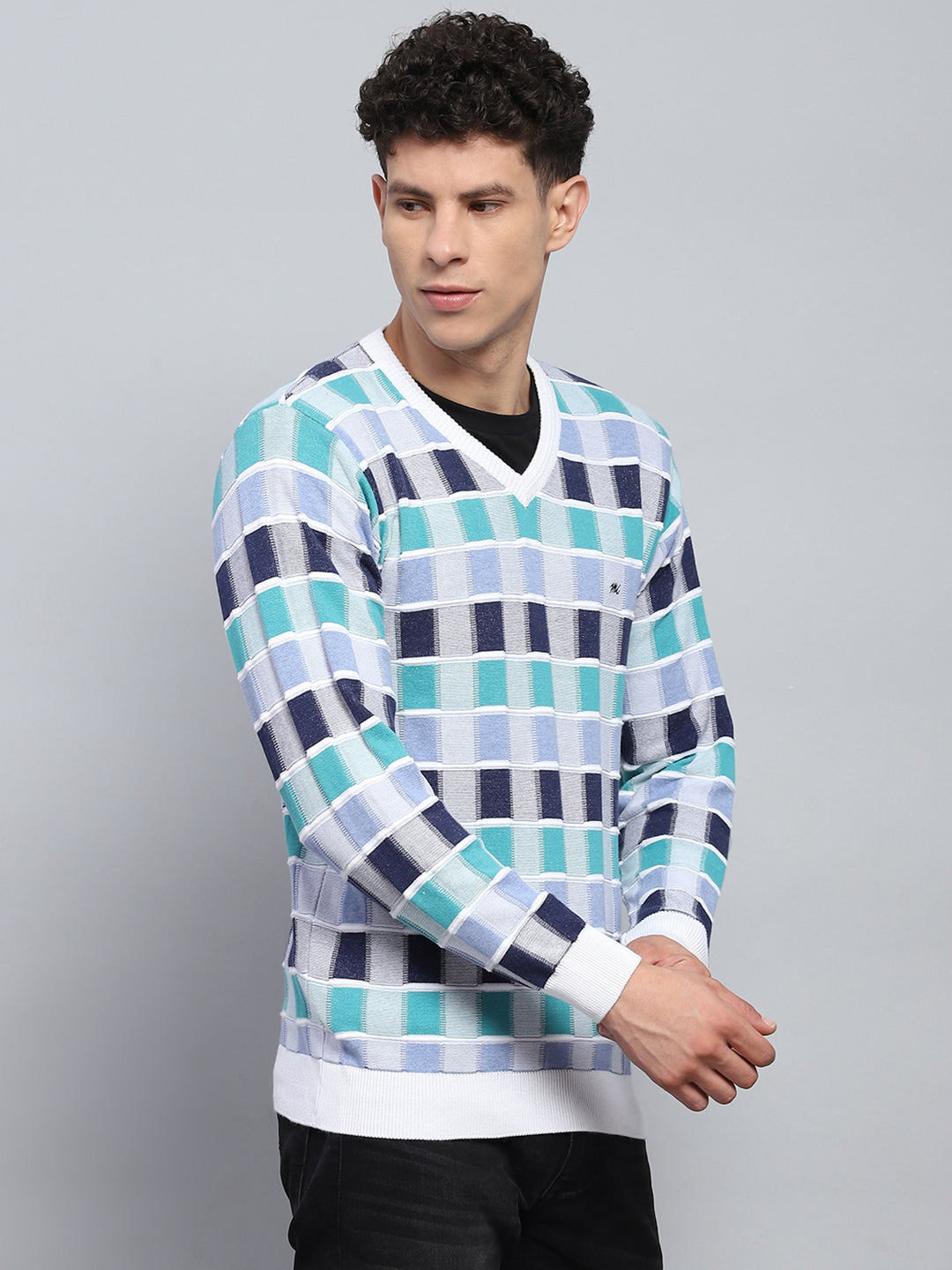 Men Multicolor Check V Neck Full Sleeve Pullover