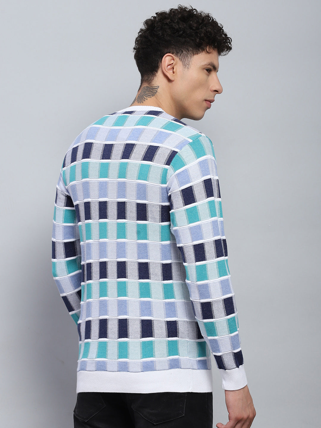 Men Multicolor Check V Neck Full Sleeve Pullover