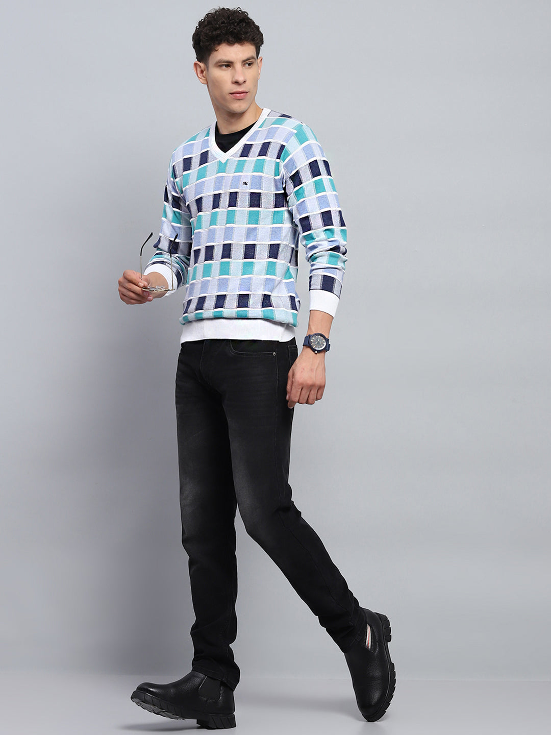 Men Multicolor Check V Neck Full Sleeve Pullover