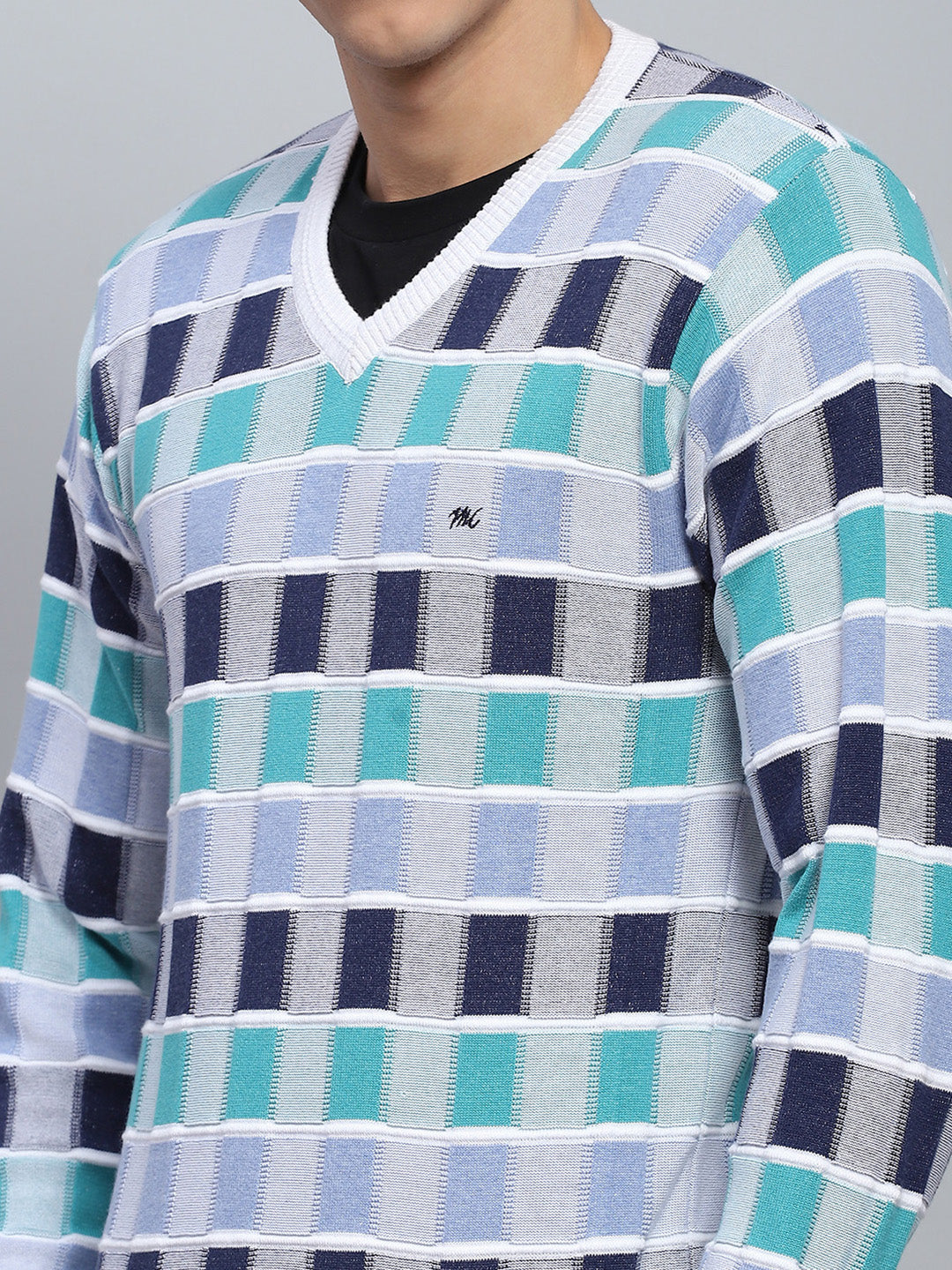 Men Multicolor Check V Neck Full Sleeve Pullover