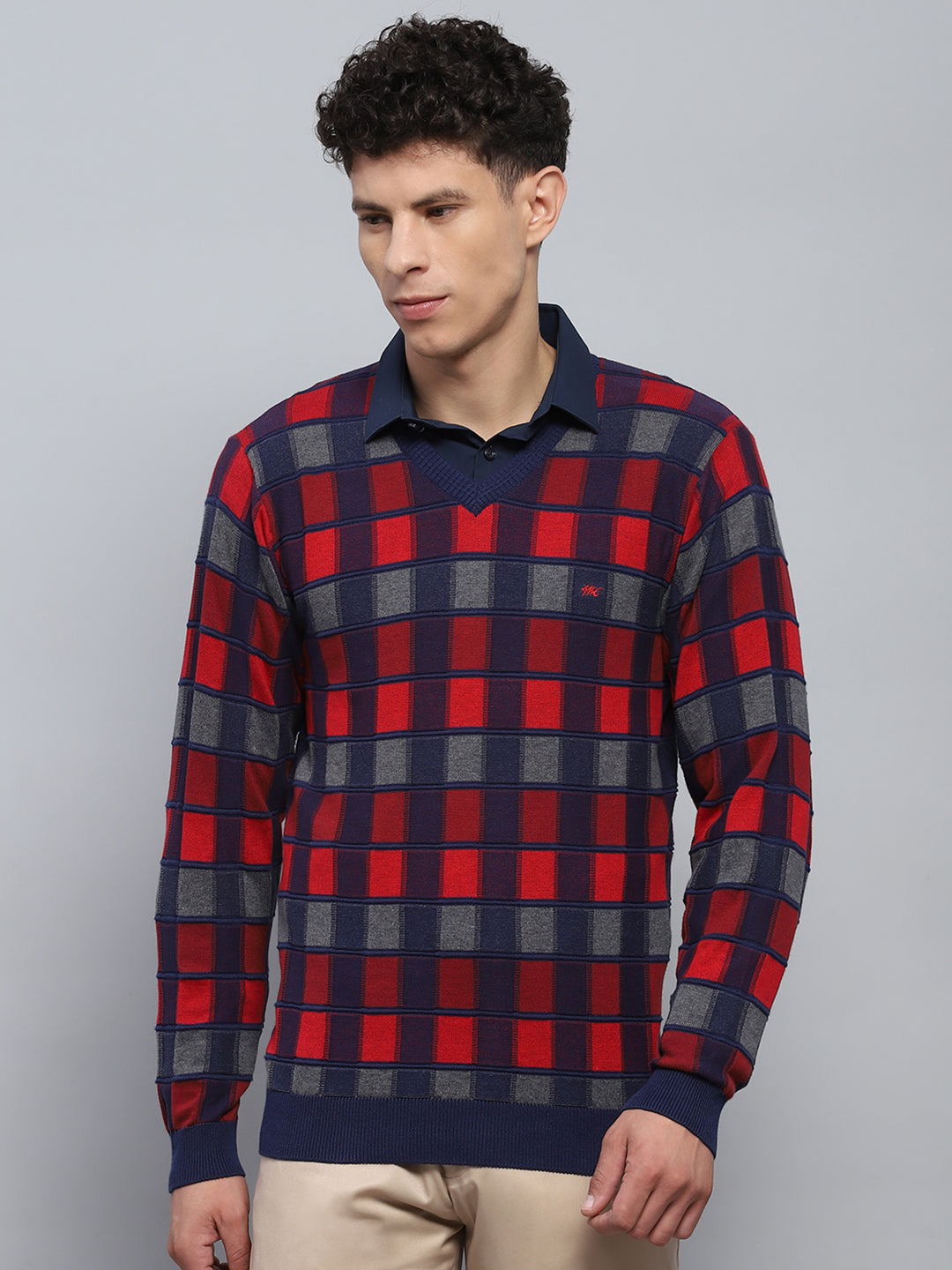 Men Blue Check V Neck Full Sleeve Pullover