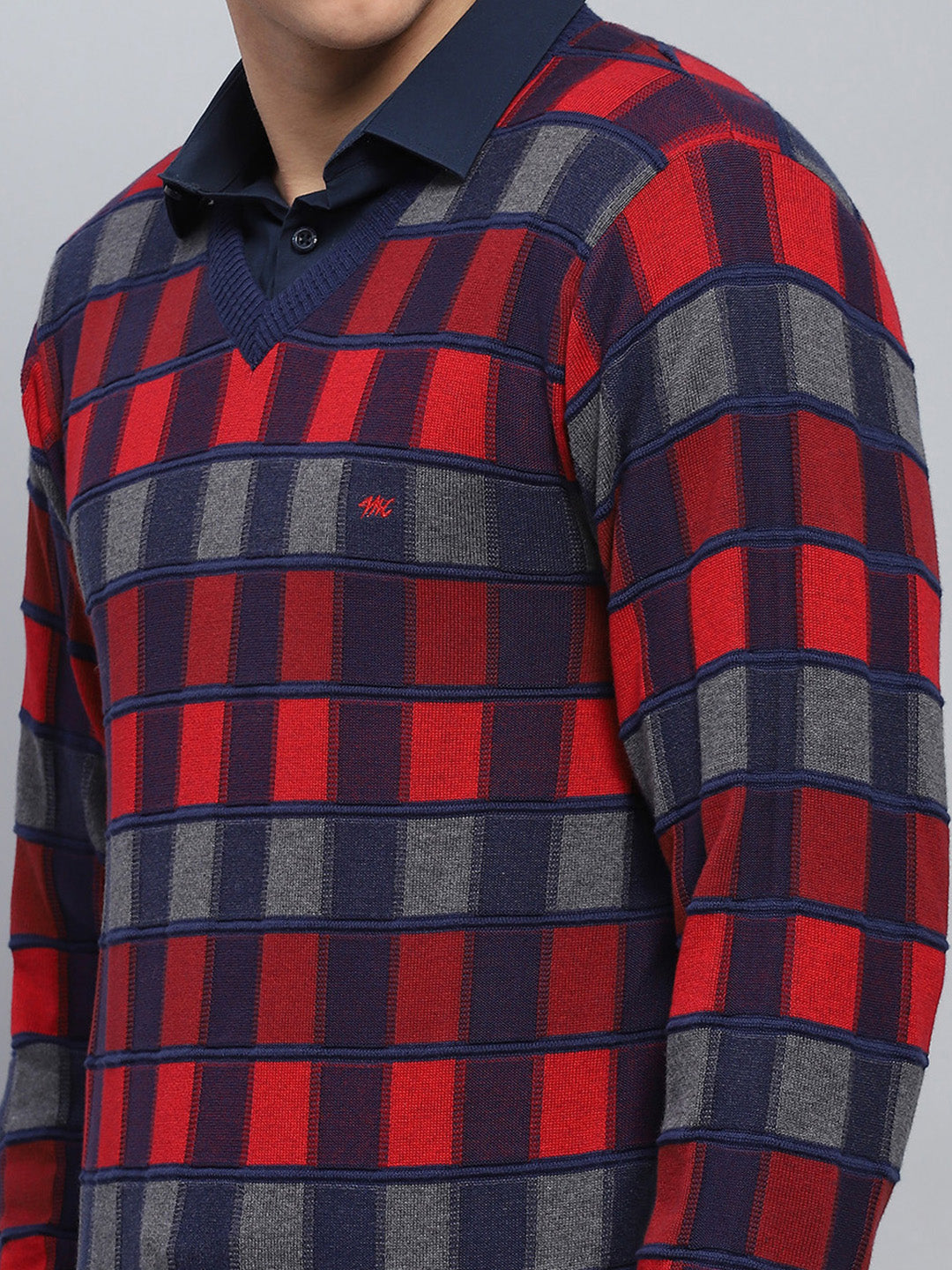 Men Blue Check V Neck Full Sleeve Pullover