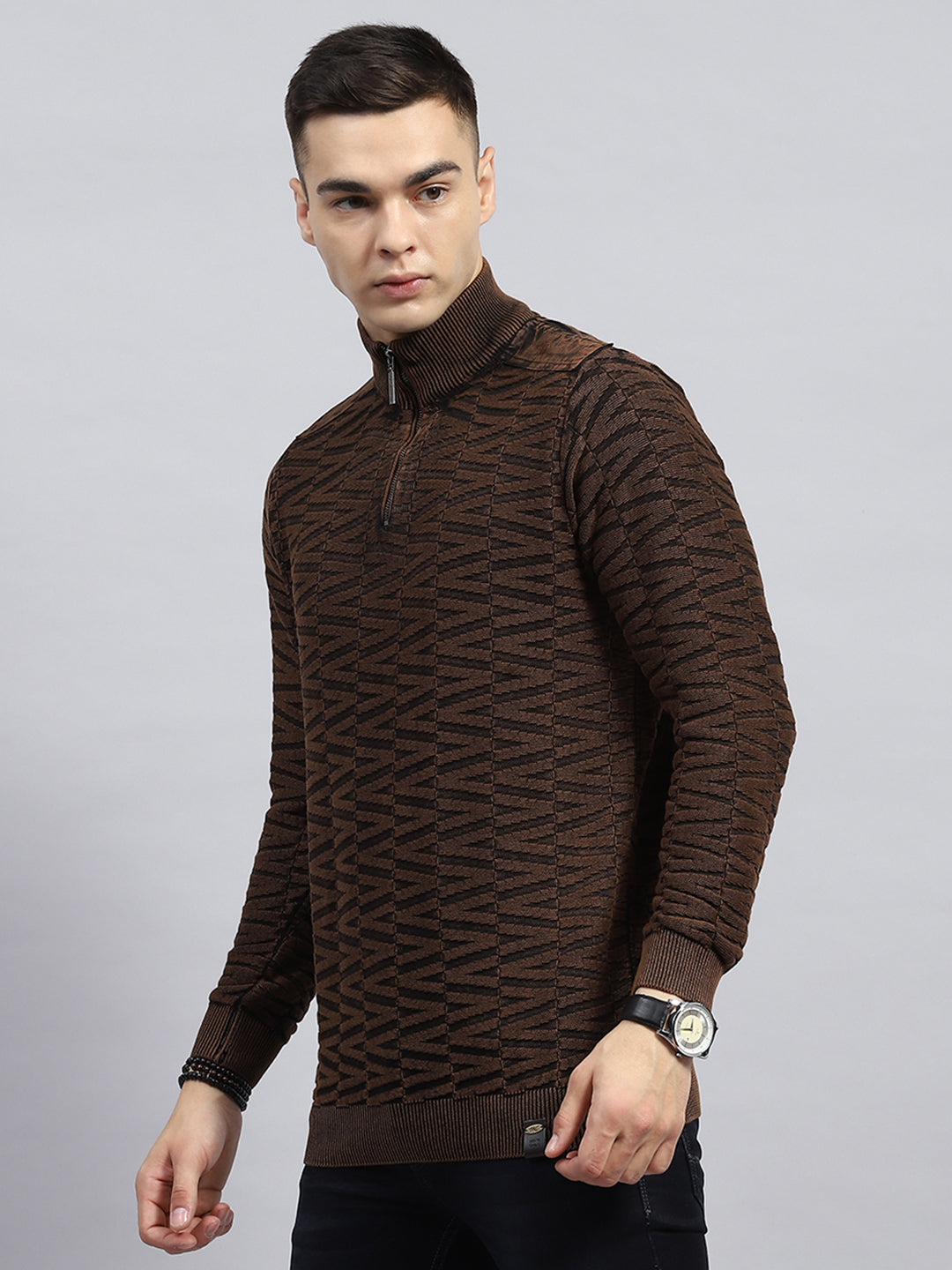 Men Brown Self Design High Neck Full Sleeve Pullover