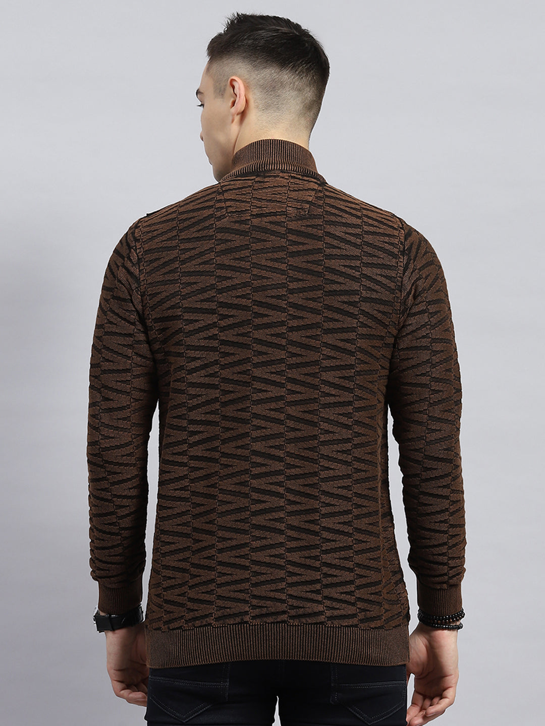 Men Brown Self Design High Neck Full Sleeve Pullover