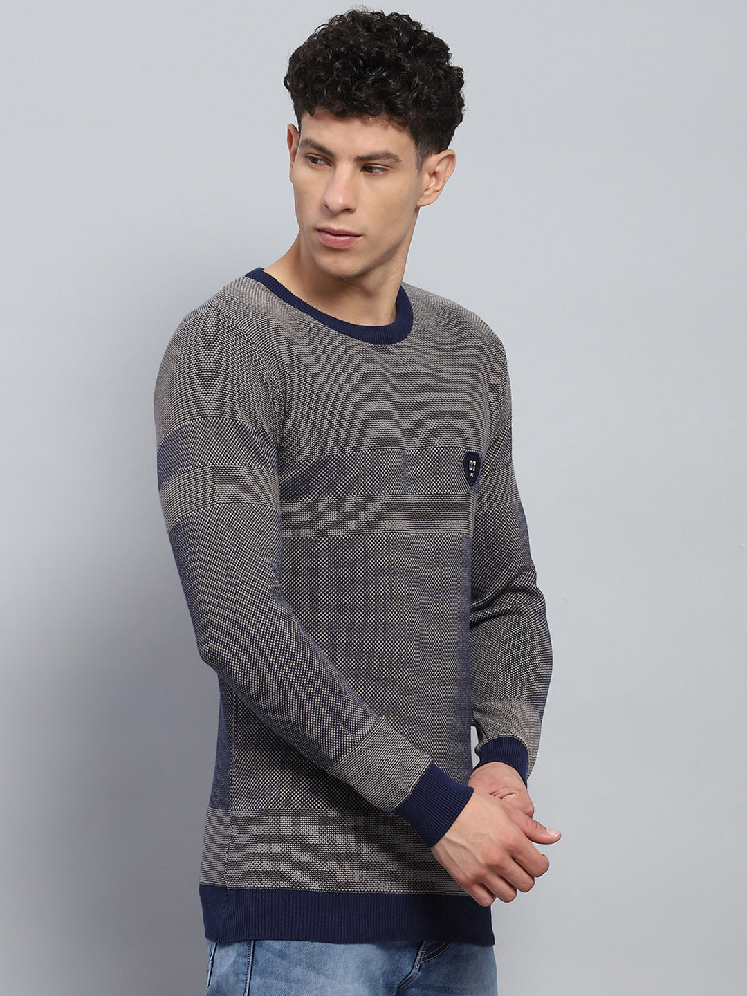 Men Blue Self Design Round Neck Full Sleeve Pullover