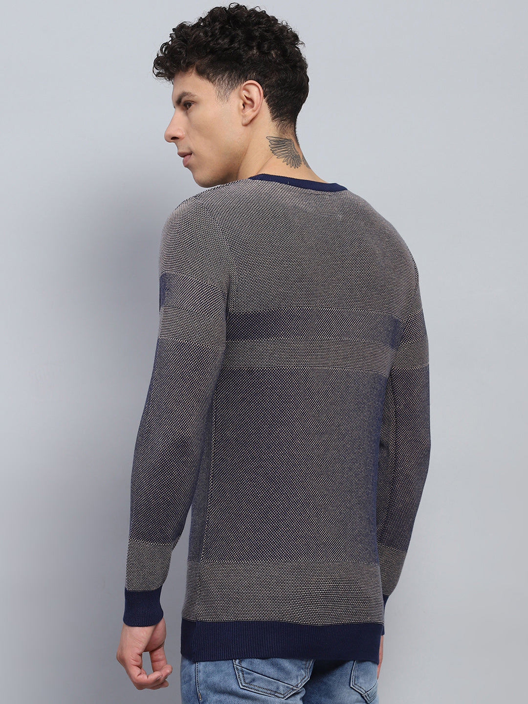 Men Blue Self Design Round Neck Full Sleeve Pullover