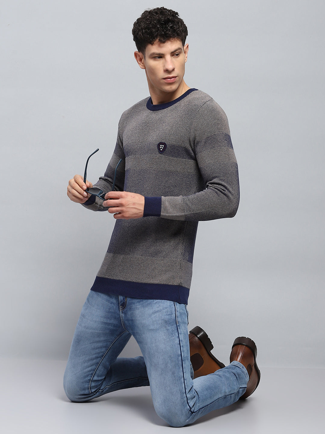 Men Blue Self Design Round Neck Full Sleeve Pullover