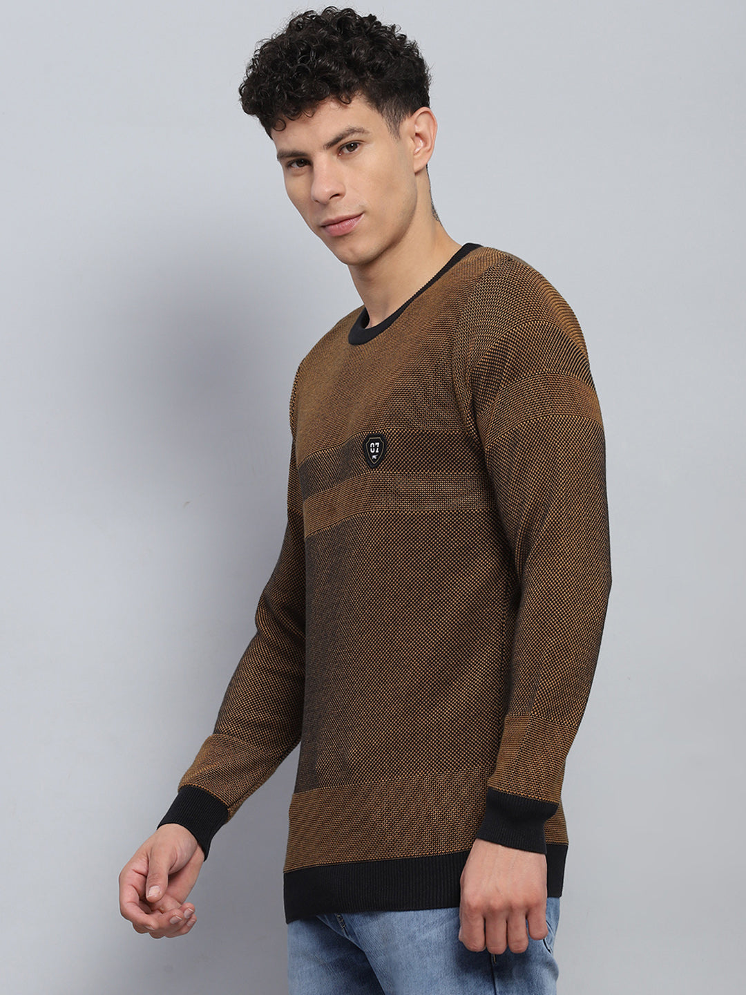 Men Brown Self Design Round Neck Full Sleeve Pullover