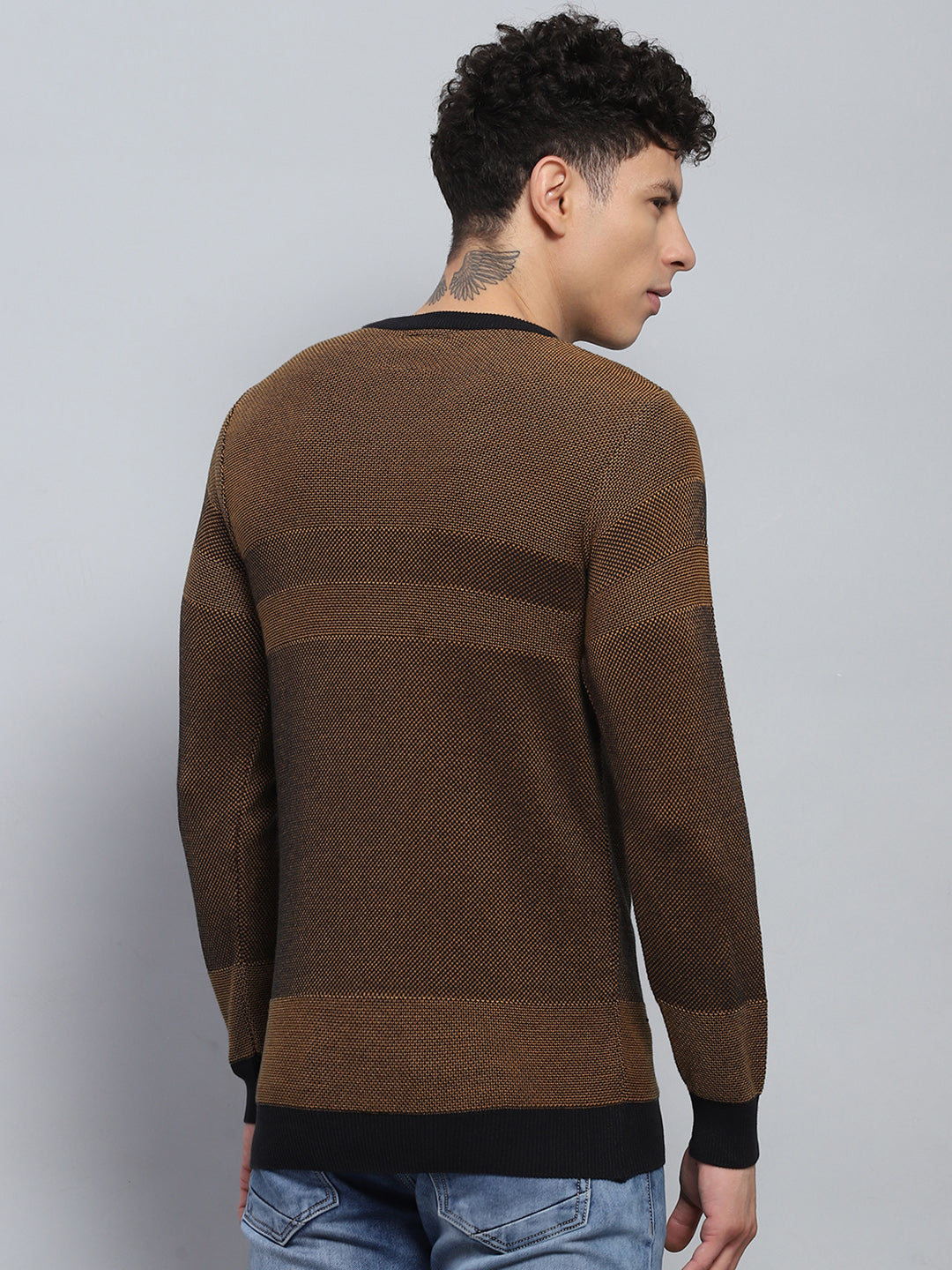 Men Brown Self Design Round Neck Full Sleeve Pullover