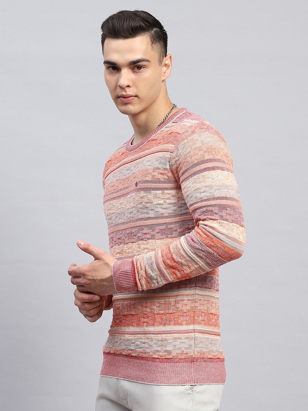 Men Pink Stripe Round Neck Full Sleeve Pullover