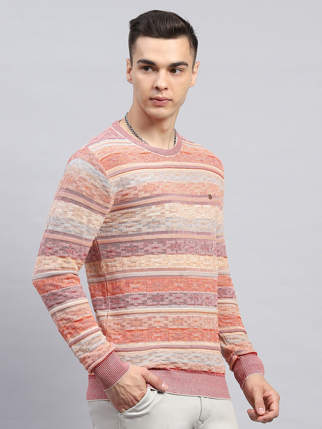 Men Pink Stripe Round Neck Full Sleeve Pullover