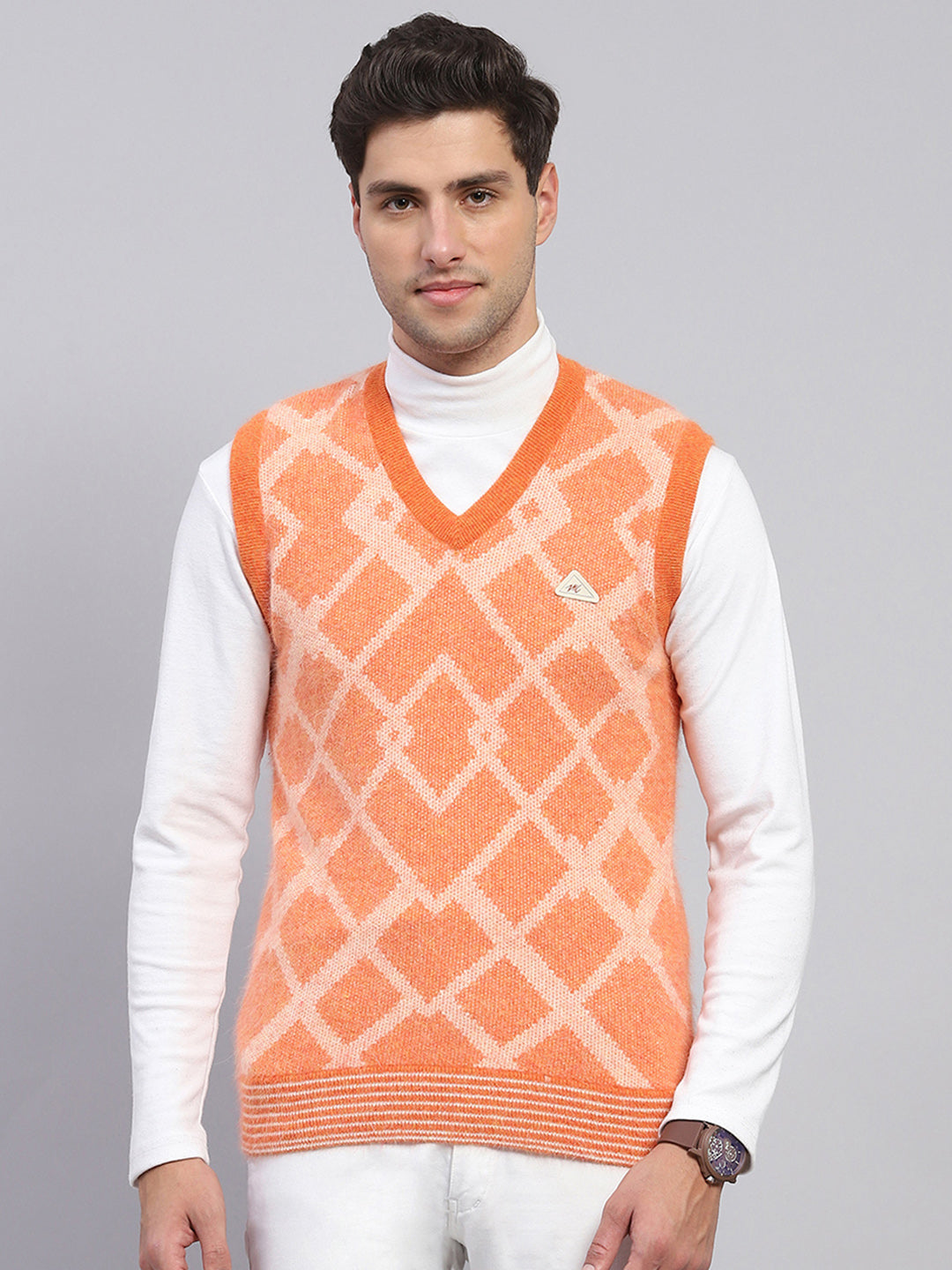 Men Orange Self Design V Neck Sleeveless Sweater