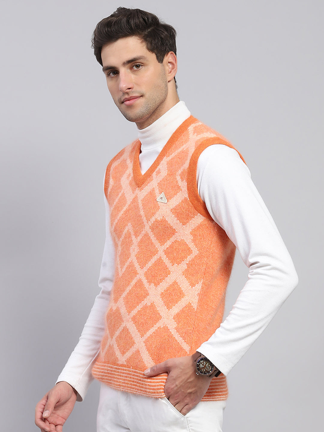 Men Orange Self Design V Neck Sleeveless Sweater