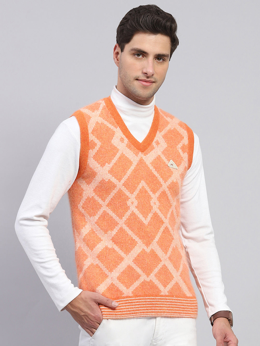 Men Orange Self Design V Neck Sleeveless Sweater