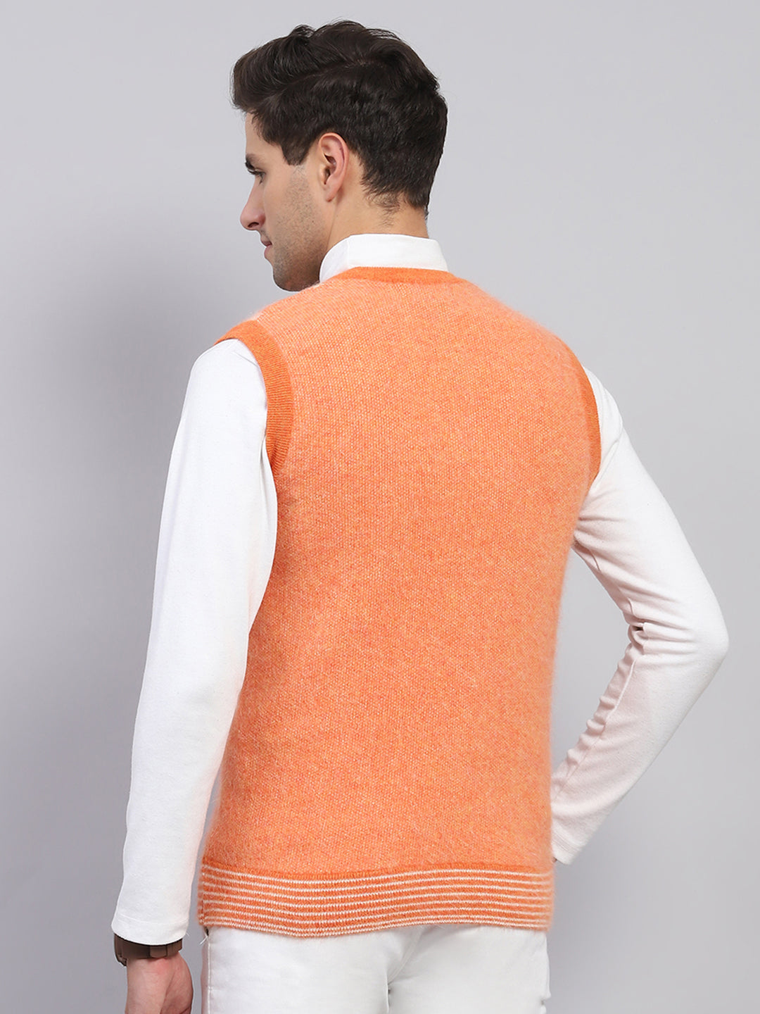 Men Orange Self Design V Neck Sleeveless Sweater