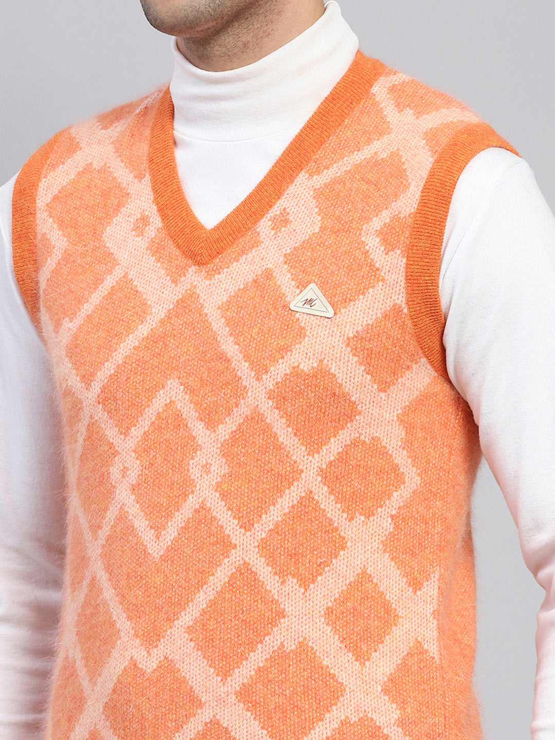 Men Orange Self Design V Neck Sleeveless Sweater